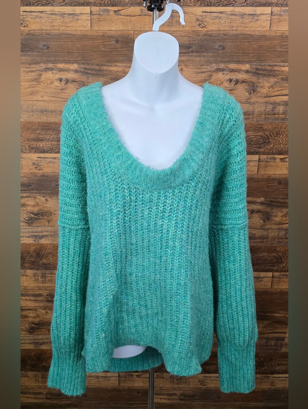 Free People Oversized Seafoam Green V-Neck Chunky Knit Sweater